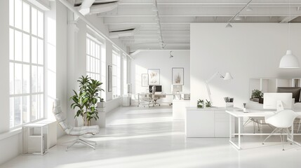 คำ; A bright and airy studio space with minimalist decor and subtle curved details, providing an inspiring environment for artistic exploration and creativity.
