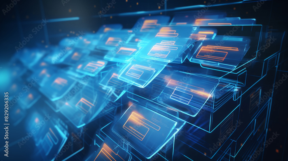Poster abstract network grid with files and folders, futuristic software interface, digital document manage