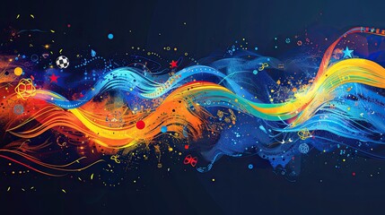 Festive Banner with Abstract Waves of Color and Motion Incorporating Symbols of Multiple Sports and International Elements Concept International Sports Festival.