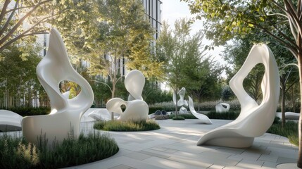 A serene outdoor plaza with abstract white sculptures featuring minimalist curves, providing a tranquil space for relaxation and contemplation.