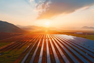 Solar panel and Solar energy farm. Renewable and green energy