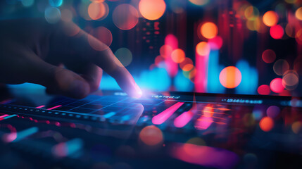 Close up of hand touching digital screen with stock market graph and candlestick chart going down, background is blurred dark colorful abstract background with light bokeh effect