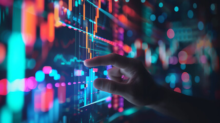 Close up of hand touching digital screen with stock market graph and candlestick chart going down, background is blurred dark colorful abstract background with light bokeh effect