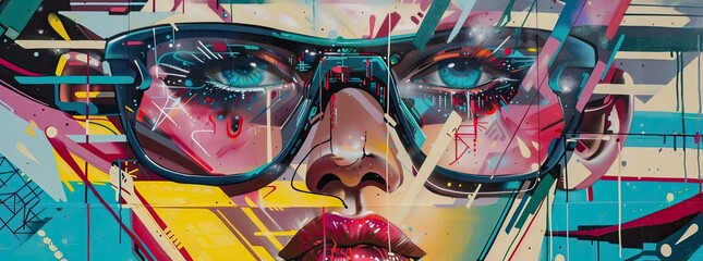 Merge the essence of futuristic technologies and the raw energy of street art through an unexpected lens perspective