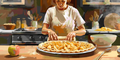 In a bustling kitchen, a woman expertly rolls dough for her favorite apple pie recipe, her movements fluid and practiced