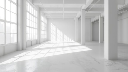 Fototapeta premium Empty white warehouse interior with clean, open space and a pristine white background, emphasizing the vast, uncluttered area