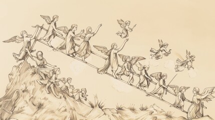 Obraz premium Jacob's Dream of Ladder to Heaven, Angels Ascending and Descending, Biblical Illustration, Beige Background, Copyspace