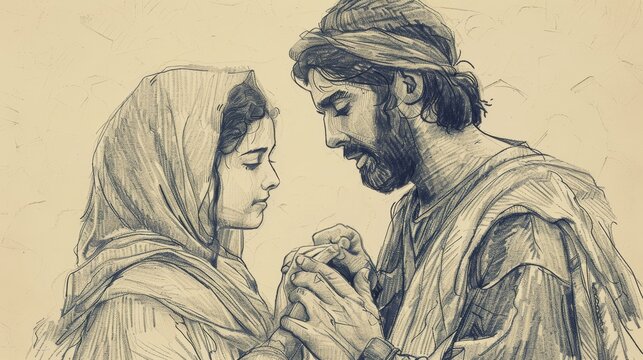 Jairus&rsquo; Daughter Healed by Jesus, &lsquo;Talitha koum!&rsquo;, Biblical Illustration, Beige Background, Copyspace
