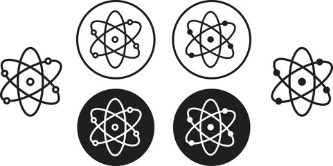 Set of Black Molecule nucleus science vectors symbols. Atom Icons physics nuclear research signs. electron, proton, or neutron chemistry icons Flat style with editable stock on transparent background.