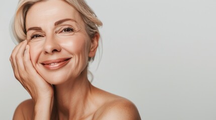 studio portrait of a beautiful middle-aged blonde Caucasian woman on a white background. Copyspace on the right