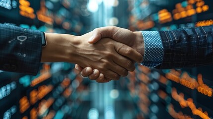 Two hands shaking in front of a sleek digital dashboard showing a company's progress and strategic objectives,