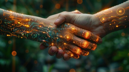 Obraz premium Close-up of hands in a firm handshake, with a background of transparent digital graphs and futuristic business interfaces,