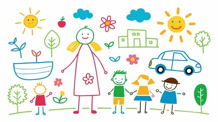 Family fun takes center stage in a heartwarming chalk drawing on white paper, created by a child's innocent hand.