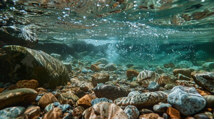 From a glacier high in the mountains, clear water bubbles and flows down a rocky river, creating a serene scene.