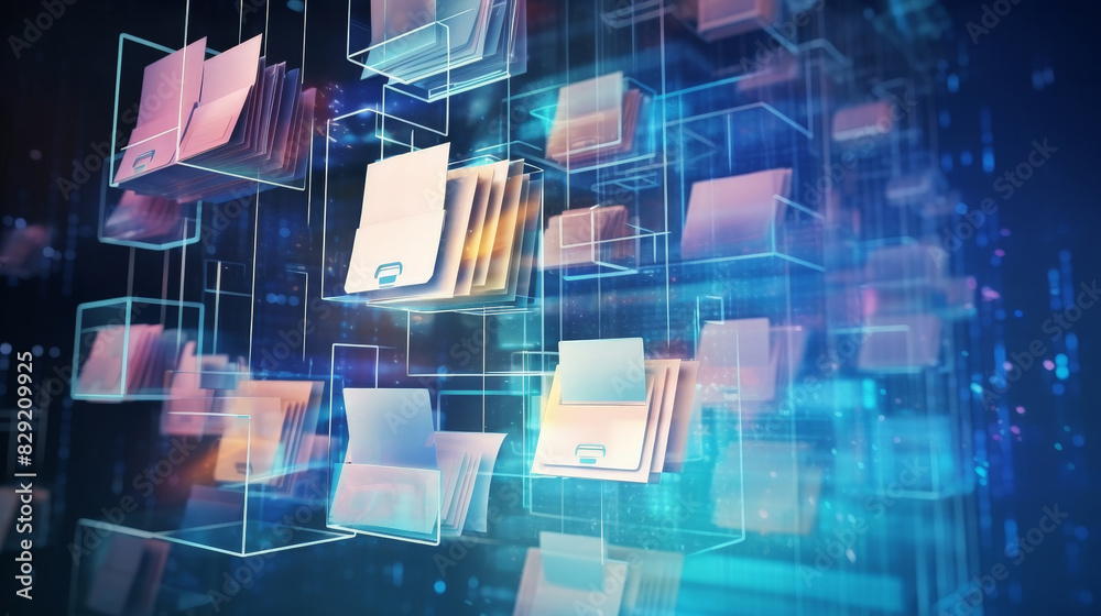 Poster abstract network grid with files and folders, futuristic software interface, digital document manage