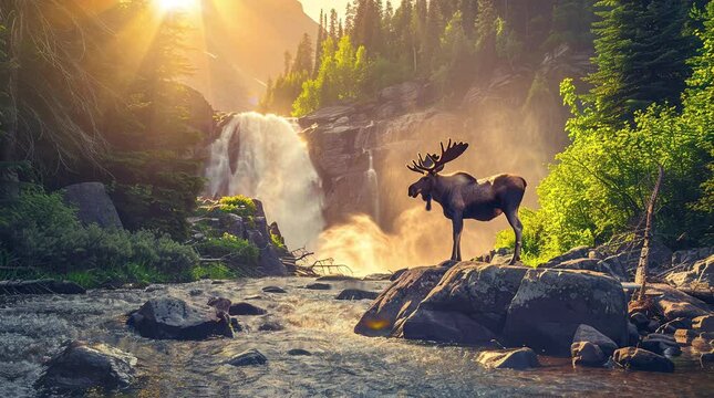 Majestic moose standing on a rock by a cascading waterfall in a lush forest.
 Seamless looping 4k time-lapse virtual video animation background. Generated AI
