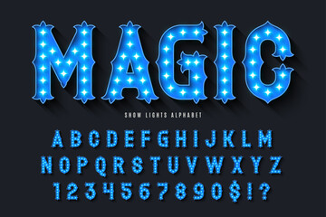 Retro circus alphabet design, cabaret, fairy LED lamps letters and numbers.