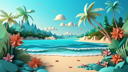 Obraz premium 3D render of a summer beach with palm trees and the sea in the style of a paper cut style background for product presentation, wallpaper or poster vector illustration Flat lay