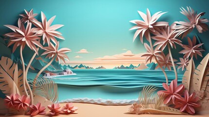 3D render of a summer beach with palm trees and the sea in the style of a paper cut style background for product presentation, wallpaper or poster vector illustration Flat lay