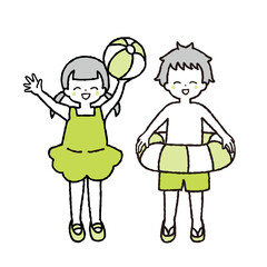 ビーチボールを持つ女の子と浮き輪を持つ男の子のイラスト