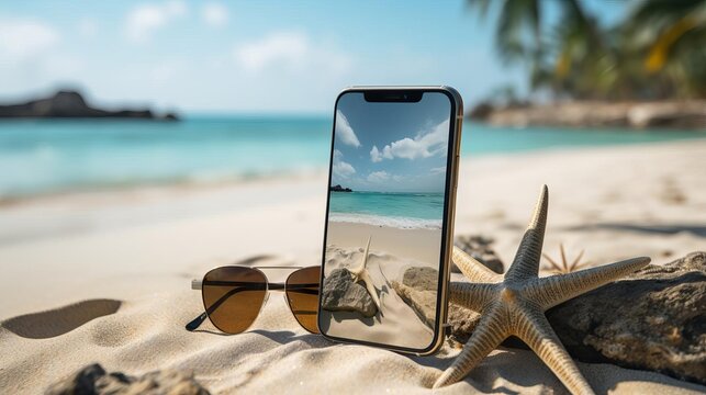Closeup of blank smartphone mockup on the beach with sunglasses and starfish
