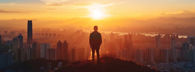 Silhouette of man standing on hill overlooking city at sunrise, looking towards horizon with hope and determination. Conceptual photo about self-affirmation or success in business. generative AI