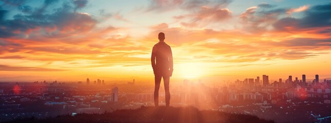 Silhouette of man standing on hill overlooking city at sunrise, looking towards horizon with hope and determination. Conceptual photo about self-affirmation or success in business. generative AI