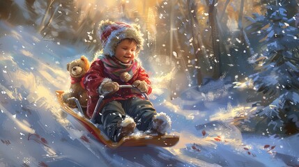 With a cuddly teddy bear in hand, a child enjoys a thrilling sled ride through the snow, soaking in the festive atmosphere of Christmas celebration