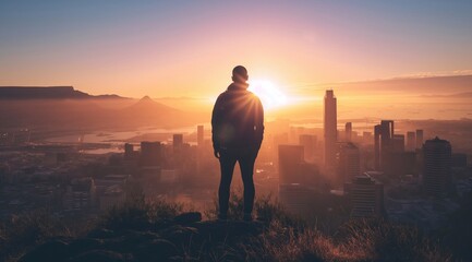 Fototapeta premium Silhouette of man standing on hill overlooking city at sunrise, looking towards horizon with hope and determination. Conceptual photo about self-affirmation or success in business. generative AI