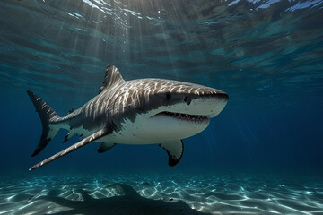 Fototapeta premium Stunning professional photograph of a white shark in the deep blue ocean. 