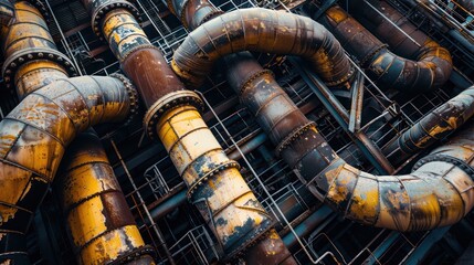 A Looking up, close-up of industrial pipes of oil refinery, back of engineer, technician, reading drawing, drawing, industrial engineering, blueprint, industrial background. 
