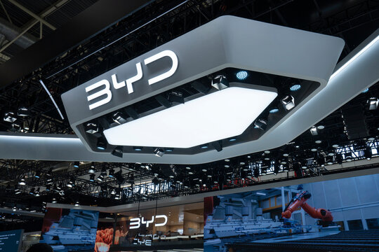 Beijing, China - Apr 30, 2024: BYD's booth at the 17th Beijing International Automotive Exhibition (Auto China 2024). BYD is a Chinese new energy vehicle manufacturer.