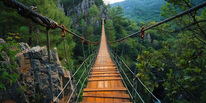 Fototapeta A pedestrian suspension bridge in the mountains, which opens up amazing aesthetic landscapes of nature. Generative AI