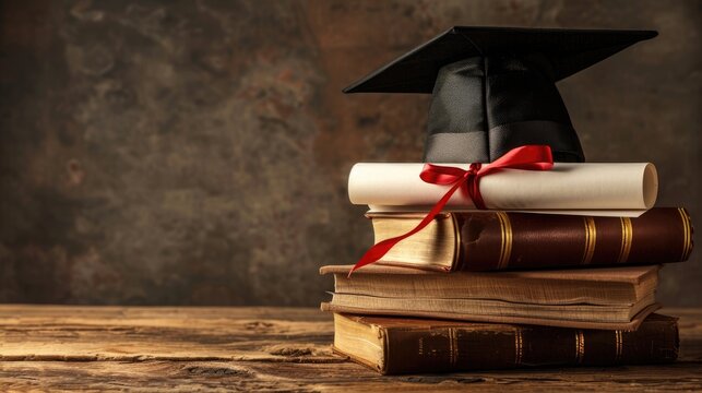A stack of books holding a graduation cap and diploma scroll with a red ribbon tied around it