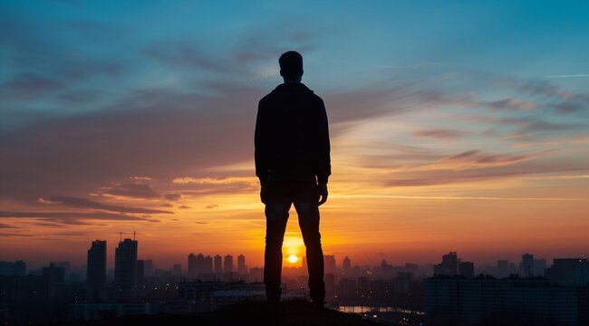 Silhouette of man standing on hill overlooking city at sunrise, looking towards horizon with hope and determination. Conceptual photo about self-affirmation or success in business. generative AI