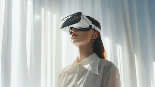 With VR glasses, a woman in a white shirt explores the metaverse, merging physical and virtual realms on a white backdrop