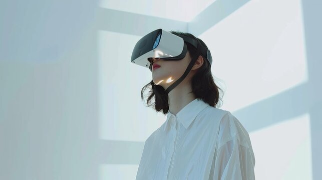 With VR glasses, a woman in a white shirt explores the metaverse, merging physical and virtual realms on a white backdrop