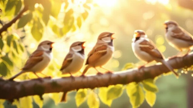 A group of sparrows perched on a branch, bathed in warm sunlight. The leaves and glowing light create a serene and picturesque scene, highlighting themes of nature, togetherness, and tranquility. 