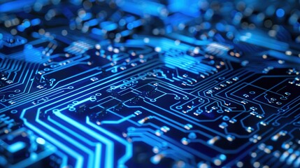 Dynamic blue circuit board closeup: Visualizing cyber security and data flow