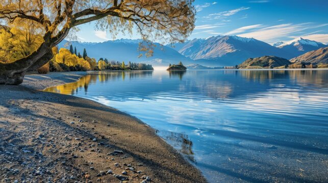Witness the serene beauty of Lake Wanaka at sunrise, featuring the famous Wanaka tree and the majestic mountain range. This picturesque view on New Zealand's South Island is truly enchanting.