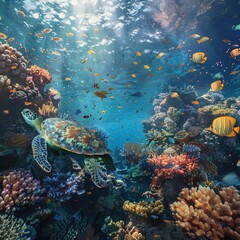 underwater coral reef with colorful fish and turtle. marine life.