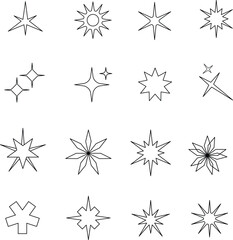 Set of aesthetic star linear glitter, sparkle and snowflake. Outline stars shape icon vector isolated on white