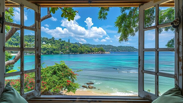 Fototapeta The open window of the villa offers a view of the sea. An idyllic picture of relaxation and tranquility. Generative AI