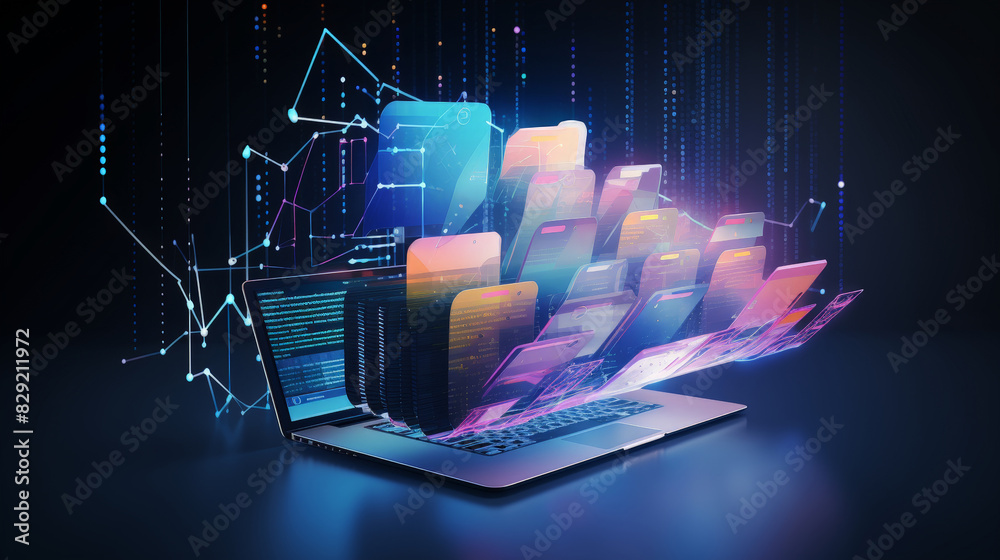 Poster abstract network grid with files and folders, futuristic software interface, digital document manage