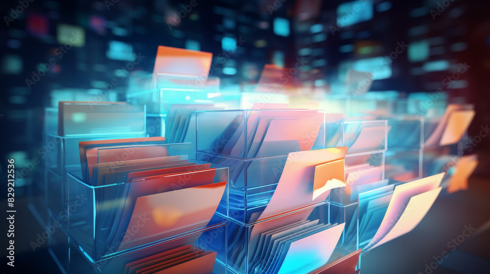 Poster abstract network grid with files and folders, futuristic software interface, digital document manage