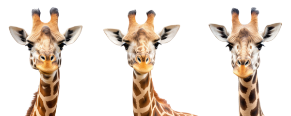 Close-up photo of giraffe face isolated on white background