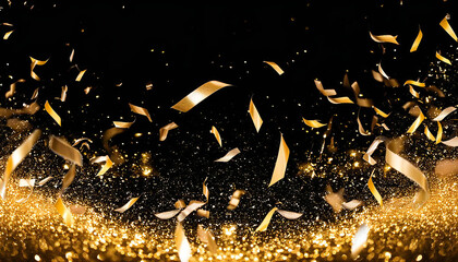Elegant golden glitter festive background with sparkling confetti. Abstract festive decoration with luxury design.
