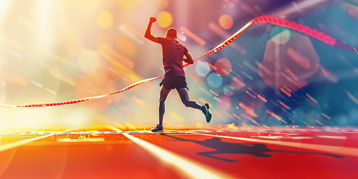 A determined runner crosses the finish line, arms raised in triumph as they celebrate their personal best