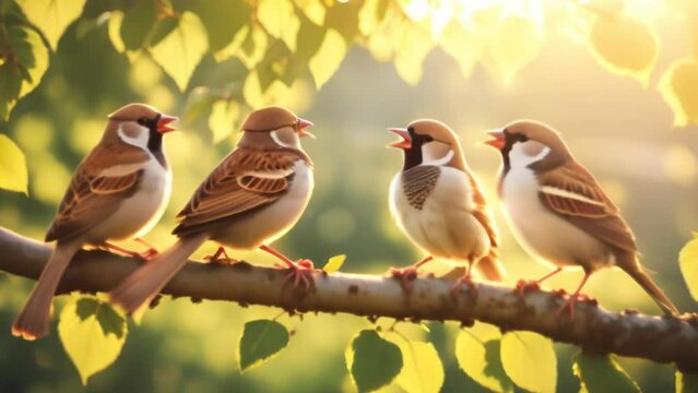 A group of sparrows perched on a branch, bathed in warm sunlight. The leaves and glowing light create a serene and picturesque scene, highlighting themes of nature, togetherness, and tranquility. 