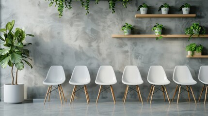 A Room design with rows of white plastic chairs, wooden shelves and green plants standing next to a gray wall inside a waiting room in a modern business office, empty wall space, banner background.